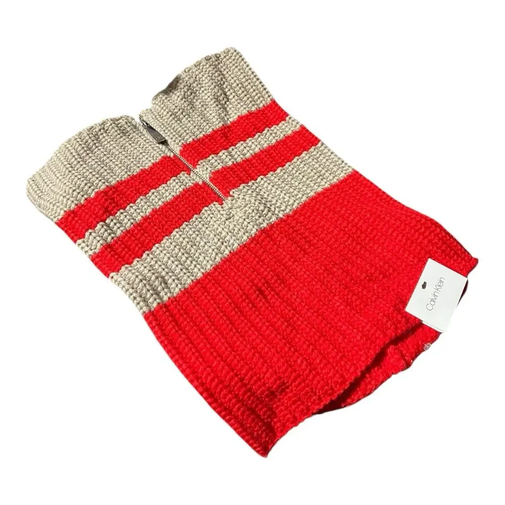 Calvin Klein Knit Neck Warmer‎ Womens OS Red Beige Striped Cowl Winter Scarf